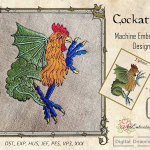 May include: Machine embroidery design of a cockatrice, a mythical creature with the head of a rooster and the body of a dragon, in two sizes: 4x4 inches and 5x5 inches. The design is in green, orange, and blue colors.