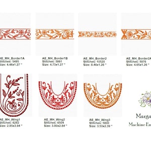 May include: A set of machine embroidery designs for a Margaret Hay dress. The designs include a floral border, a floral motif, and a wing design. The designs are in shades of orange, red, and pink.