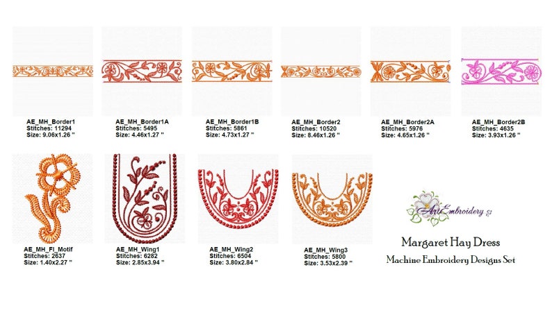 May include: A set of machine embroidery designs for a Margaret Hay dress. The designs include a floral border, a floral motif, and a wing design. The designs are in shades of orange, red, and pink.