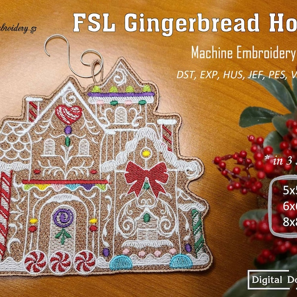 FSL Lebkuchenhaus – ITH Projekt Maschinenstickerei Freistehende Spitzen Heirloom Ornament Design in 3 Größen für Stickrahmen 15x15, 15x15 und 20x20 cm