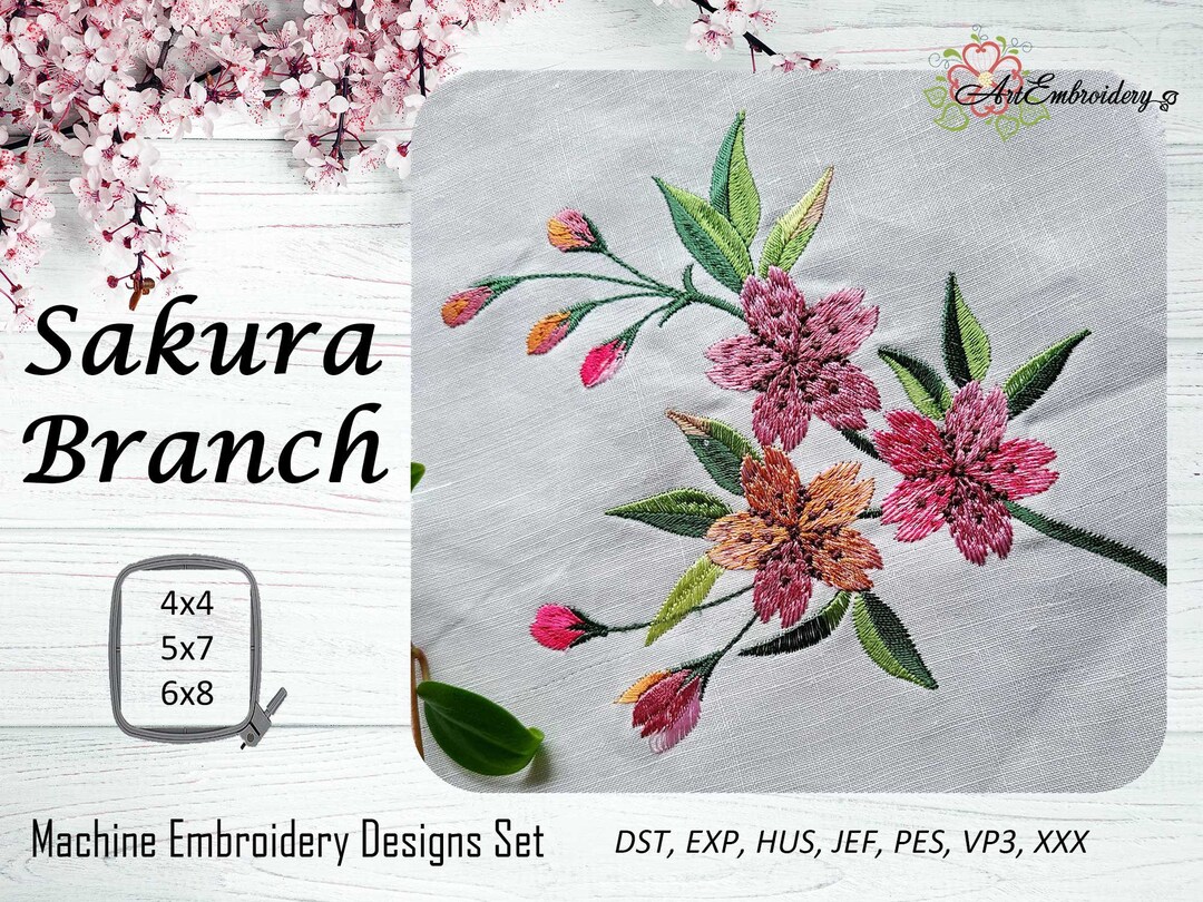 Sakura Branch Machine Embroidery Design Set (4x4, 5x7, 6x8