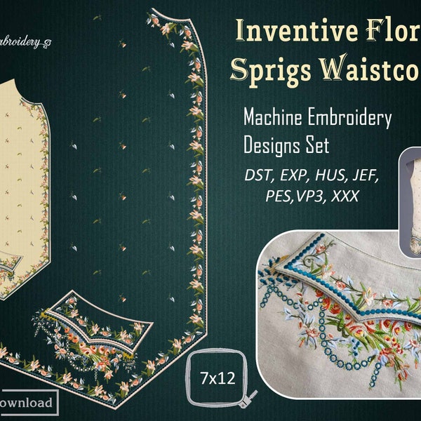 Inventive Floral Sprigs Waistcoat - Machine Embroidery Designs Set for recreation Historical 18th century men's clothing,  for hoop 7x12"