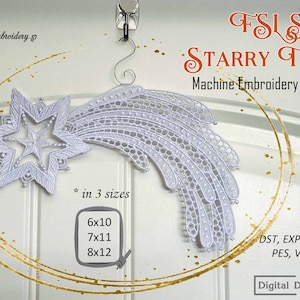 Può includere: Design di ricamo a macchina bianco di una stella cadente con un'esplosione di stelle alla coda. Il design è disponibile in tre dimensioni: 15,24 x 25,4 cm, 17,78 x 27,94 cm e 20,32 x 30,48 cm. Il design è disponibile nei seguenti formati: DST, EXP, HUS, JEF, PES, VP3 e XXX.