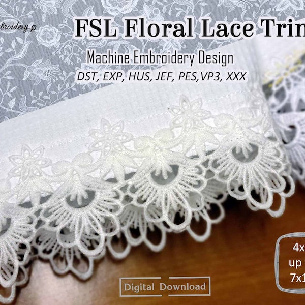 FSL Floral Lace Trim - Machine Embroidery Lace Border Designs for hoop sizes from 4x4" and up to 7x12"