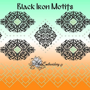 May include: Black iron motifs embroidery design with a green and orange gradient background. The design features intricate floral patterns and a repeating diamond pattern.