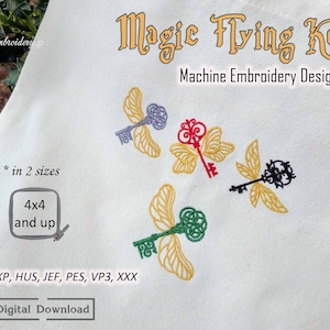 May include: A set of four machine embroidery designs featuring flying keys with wings. The keys are in gold, black, and green with red accents. The designs are available in two sizes: 4x4 inches and up. The file formats included are DST, EXP, HUS, JEF, PES, VP3, and XXX.