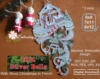 Puede incluir: Diseño de bordado a máquina blanco y verde de una campana de Navidad con una pancarta que dice "NOEL" en rojo. El diseño está disponible en tres tamaños: 6x8 pulgadas, 7x11 pulgadas y 8x12 pulgadas. El diseño se llama "FSL Silver Bells" y es una descarga digital.