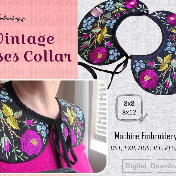 Design de bordado à máquina com gola de rosas vintage (8x12" e 8x8")
