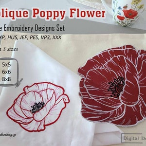 Puede incluir: Conjunto de diseños de bordado a máquina de una flor de amapola roja en tres tamaños: 5x5 cm, 6x6 cm y 8x8 cm. El diseño está disponible en los formatos DST, EXP, HUS, JEF, PES, VP3 y XXX.  *in 3 sizes