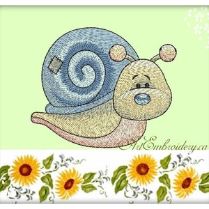 May include: A cartoon snail with a blue shell and a light brown body. The snail has a blue face with a small blue mouth and two black eyes. The snail is sitting on a white background with a border of yellow sunflowers and green leaves.