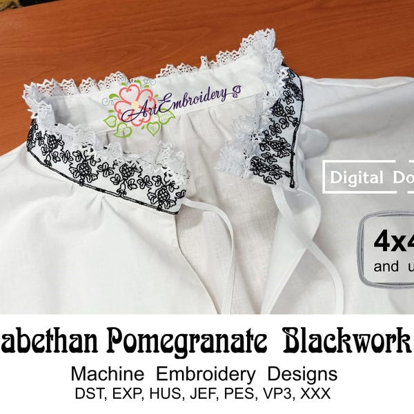 Elizabethan Pomegranate Blackwork Bordüren - Stickdatei, Stickdatei, Stickrahmen 10×10 (Digitaler Download)