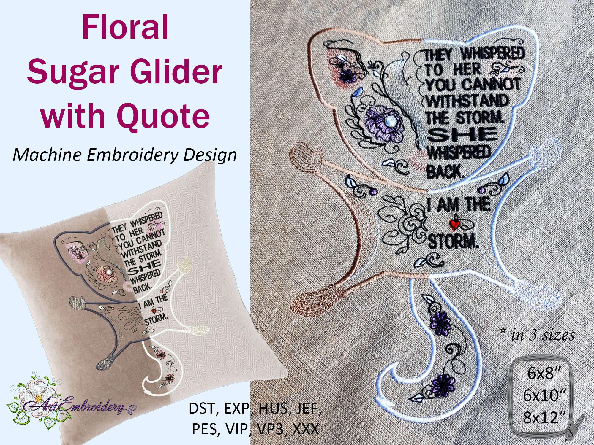 Floral Sugar Glider with Quote Machine Embroidery Design in Etsy