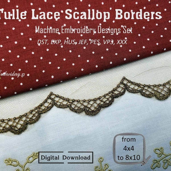 Tulle Lace Scallop Borders – Machine Borduurrand Afwerking Ontwerpen Set voor borduurringgroottes van 4x4" tot 8x14"