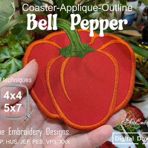 Puede incluir: Un diseño de bordado de aplique de pimiento rojo en tres tamaños: 4x4, 5x7 pulgadas. El diseño es perfecto para crear posavasos, decoración de cocina u otras manualidades.