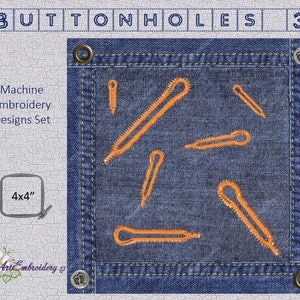 Puede incluir: Un conjunto de 7 diseños de bordado a máquina para ojales. Los diseños se muestran sobre un fondo de mezclilla azul. Los diseños tienen un tamaño de 10,16 cm x 10,16 cm.