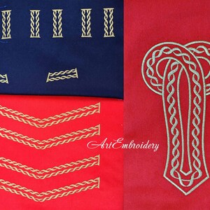 May include: Gold embroidery designs on red and blue fabric. The designs include a Celtic knot, a series of repeating patterns, and a row of vertical patterns.