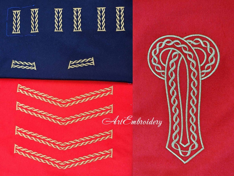 May include: Gold embroidery designs on red and blue fabric. The designs include a Celtic knot, a series of repeating patterns, and a row of vertical patterns.