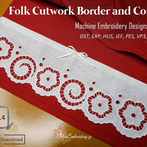 Europe Folk Cutwork Border and Corner - Machine Embroidery Lace Designs Set for single designs sizes from hoop 6x8” and  up to 8x14"