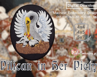 Pelican in Her Piety, Medieval Pelicans - Machine Embroidery Christian Religious Design in 2 sizes for hoop 4x4 and 4x5&quot; & patch hoop 5x7&quot;