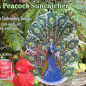 Attrape-soleil paon FSL – projet de conception de dentelle oiseau broderie Machine ITH en 4 tailles pour cerceau 6 x 8 ", 6 x 10", 7 x 11", 8 x 12"