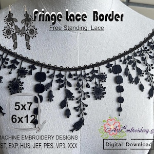 Könnte beinhalten: Schwarze Spitzenborte und passende Ohrringe auf einer Büste. Die Borte zeigt florale und geometrische Muster mit hängenden Elementen. Der Text "Fringe Lace Border" und "Free Standing Lace" ist im Bild enthalten.