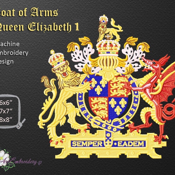 Coat of Arms Queen Elizabeth I, official coat of arms of the British monarch Queen Elizabeth I - Machine Embroidery Design in three sizes