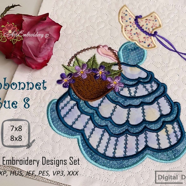 Sunbonnet Teenager Mädchen Sue mit Veilchen Blumen Korb - Maschinenstickerei Applikation Designs & ITH Quilt Block 8 für Rahmen bis 20x20cm