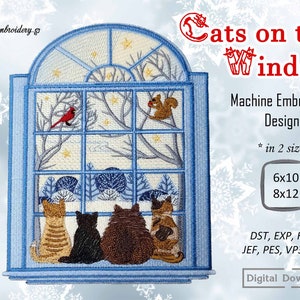 May include: Machine embroidery design of four cats looking out a window with a snowy winter scene. The design is available in two sizes: 6x10 inches and 8x12 inches. The design is available in the following formats: DST, EXP, HUS, JEF, PES, VP3, XXX.