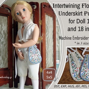 Könnte beinhalten: Maschinenstickmuster für eine Unterrocktasche für Puppen. Das Design zeigt sich mit ineinander verschlungenen Blumen in Blau, Rosa und Grün. Das Design ist in drei Größen erhältlich: 4x4, 5x5 und 6x6 Zoll. Das Design ist in folgenden Formaten erhältlich: DST, EXP, HUS, JEF, PES, VP3 und XXX.