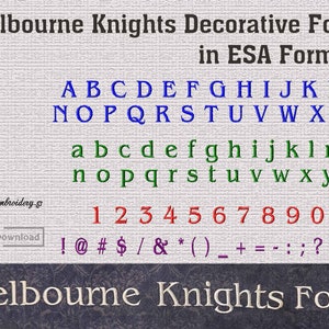 Melbourne Knights Embroidery Font: Decorative Serif ESA Format