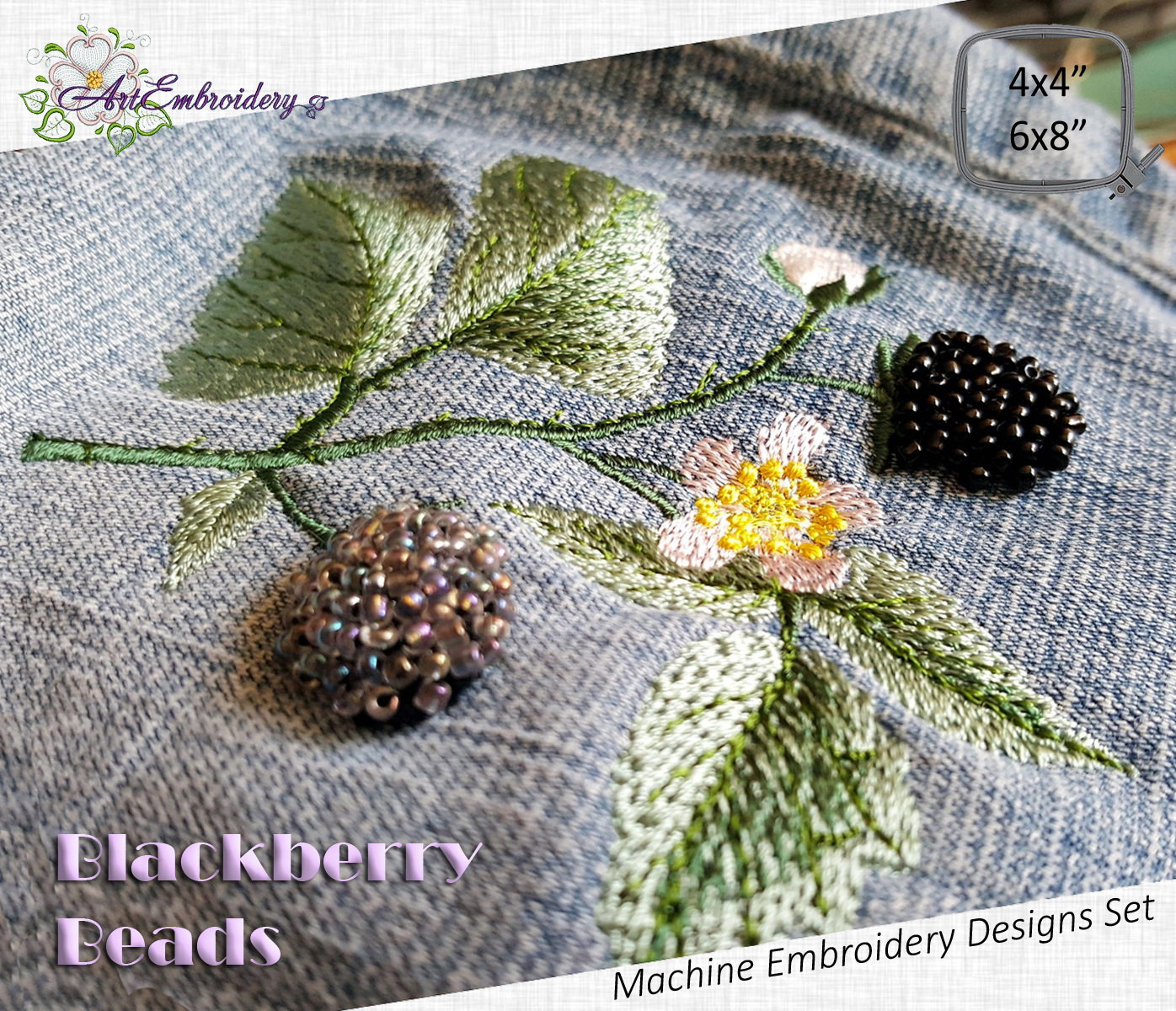 Blackberry Beads Machine Embroidery Designs Set for Hoop 4x4 and