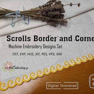 May include: A white fabric with a yellow scroll border and corner embroidery design. The image includes text that reads "Scrolls Border and Corner Machine Embroidery Designs Set" and "Digital Download". The design is up to 8x12 inches.