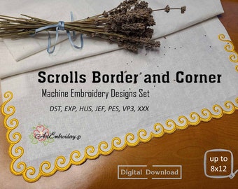Desenhos de bordados à máquina com bordas e cantos em pergaminhos (download digital)
