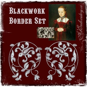 May include: A set of two blackwork embroidery designs featuring a floral motif. The designs are in a silver thread on a dark red background. The text "BLACKWORK BORDER SET" is at the top of the image.