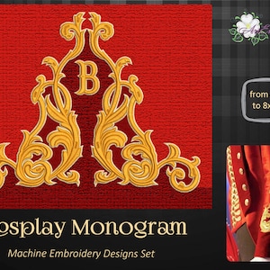 Puede incluir: Conjunto de diseños de bordado dorado para cosplay, con un monograma con adornos de desplazamiento. El diseño está disponible en tamaños de 4x4 pulgadas a 8x12 pulgadas.
