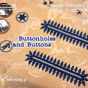 Puede incluir: Un conjunto de diseños de bordado a máquina para ojales y botones. Los diseños son de tamaño 4x4 pulgadas y están disponibles en los formatos DST, EXP, JEF, HUS, PES, VP3 y XXX. Los diseños presentan un esquema de color azul y blanco y son perfectos para agregar un toque de elegancia a cualquier proyecto.