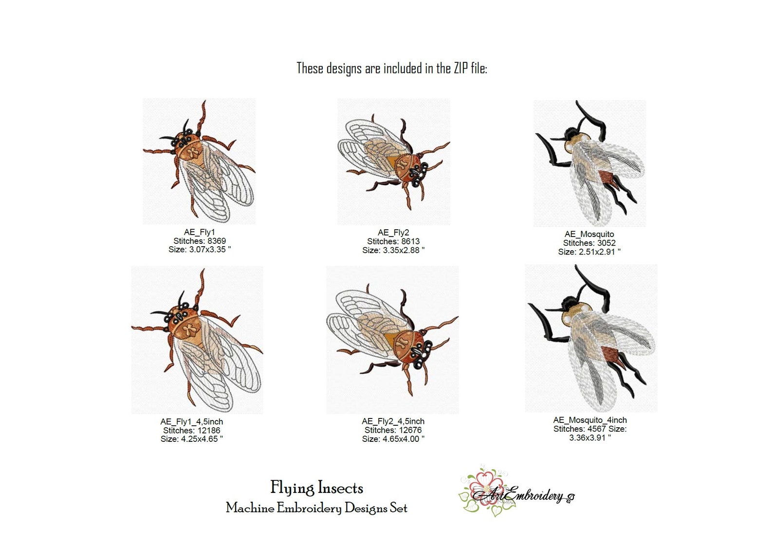 Flying Insects Machine Embroidery Designs: Fly & Mosquito (4x4, 5x5 ...