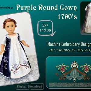 May include: Machine embroidery design set for a purple round gown, suitable for 5x7 inch hoops and larger. The set includes designs in DST, EXP, HUS, JEF, PES, VP3, and XXX formats. The design features a floral motif with a scalloped edge.