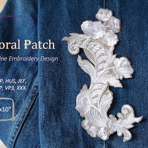 Puede incluir: Parche de diseño de bordado floral blanco sobre un fondo de mezclilla azul. El parche mide 15,24 cm por 25,4 cm y está disponible en los formatos DST, EXP, HUS, JEF, PES, VIP, VP3 y XXX.