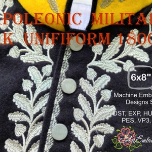 Könnte beinhalten: Nahaufnahme eines schwarzen Stoffes mit silberner Stickerei von Eichenblättern. Der Stoff hat zwei Knöpfe. Der Text "NAPOLEONIC MILITARY OAK UNIFORM 1800'S" befindet sich oben im Bild. Der Text "6x8" befindet sich in einem weißen Kasten. Der Text "Machine Embroidery Designs Set" befindet sich unterhalb des Kastens. Der Text "DST, EXP, HUS, JEF, PES, VP3, XXX" befindet sich unterhalb des Textes "Machine Embroidery Designs Set". Der Text "Art Embroidery" befindet sich unten im Bild.