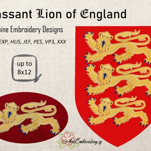 May include: Machine embroidery design of three gold lions passant on a red shield. The design is available in multiple formats, including DST, EXP, HUS, JEF, PES, VP3, and XXX. The design is up to 8 inches by 12 inches.
