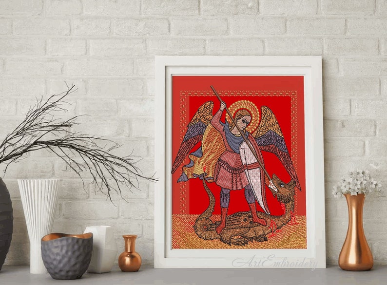 Archangel Michael Slaying the Dragon Machine Religious Embroidery Design in 3 sizes for hoop 5x7, 6x8 and 6x10 image 2