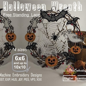 FSL ハロウィンリース - 機械刺繍 ITH レース プロジェクト デザイン、フープサイズは 6x6 インチから 10x10 インチまで 4 種類 (デジタル ダウンロード)