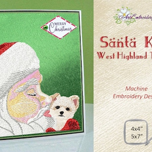 Santa Kiss West Highland Terrier - Desenho de cachorro bordado à máquina em dois tamanhos