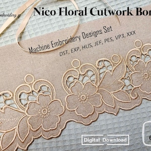 Nico Floral Cutwork Border - Machine Embroidery Designs Set for create Lace by scissors, for hoop 5x7" and 6x10".