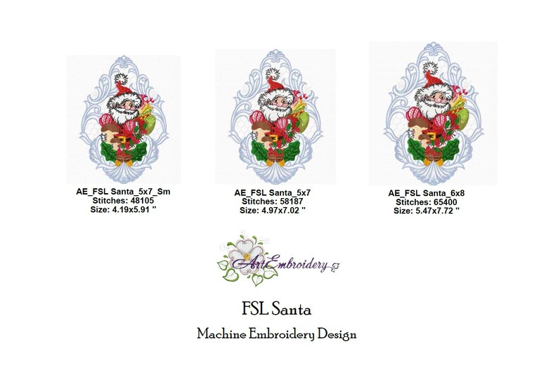 May include: Three variations of a machine embroidery design featuring a red and white Santa Claus holding a bag of gifts. The design is in a blue and white ornate frame. The text below the designs reads "AE_FSL Santa_5x7_Sm Stitches: 48105 Size: 4.19x5.91"  "AE_FSL Santa_5x7 Stitches: 58187 Size: 4.97x7.02"  "AE_FSL Santa_6x8 Stitches: 65400 Size: 5.47x7.72"  "ArtEmbroidery & FSL Santa Machine Embroidery Design"