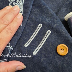 May include: Close-up of navy blue fabric with white embroidered details and two buttonholes. A wooden button with two holes and a spool of thread are also visible. The text "Art Embroidery" is on the fabric.
