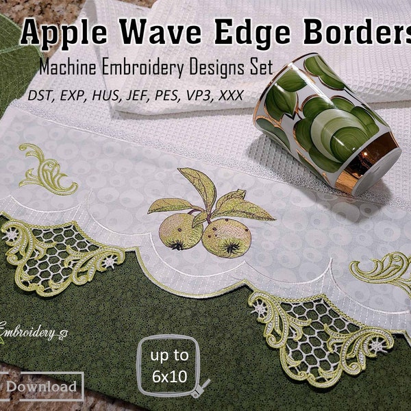 Apple Wave Edge Borders – Machine Embroidery repeatable border  with lace element and Single Designs Set from hoop 4x4" and up to 6x10".