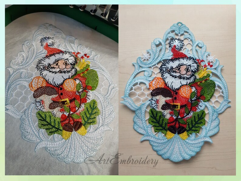 May include: A white lace design with a blue background featuring a cartoon Santa Claus holding a bag of gifts and a candy cane. The design is perfect for a Christmas ornament or decoration.