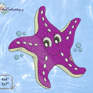 May include: A purple cartoon starfish with a smiling face and white spots. The starfish is surrounded by blue bubbles.